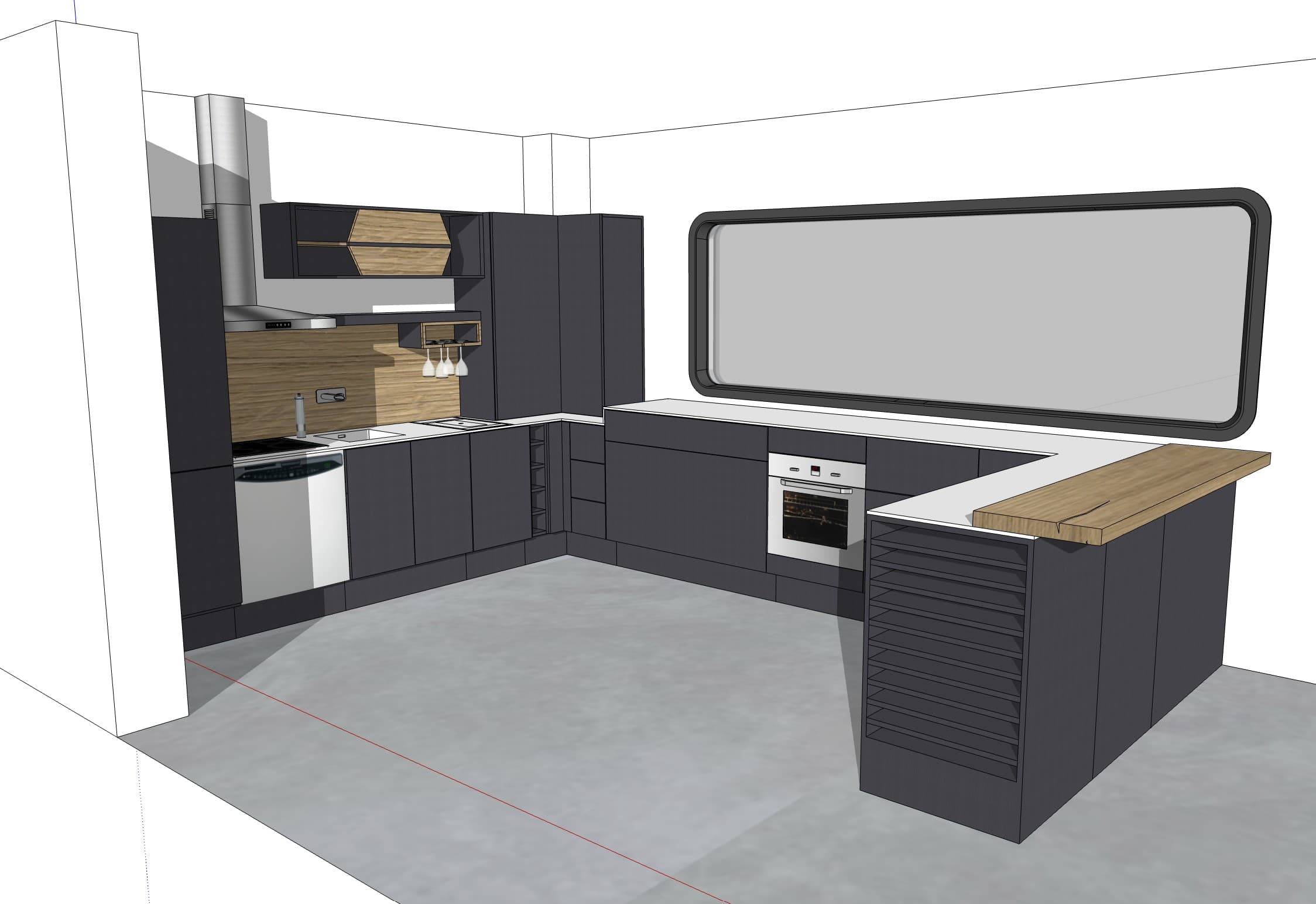 Ébauche 3D d'une cuisine réalisée dans un logiciel de conception