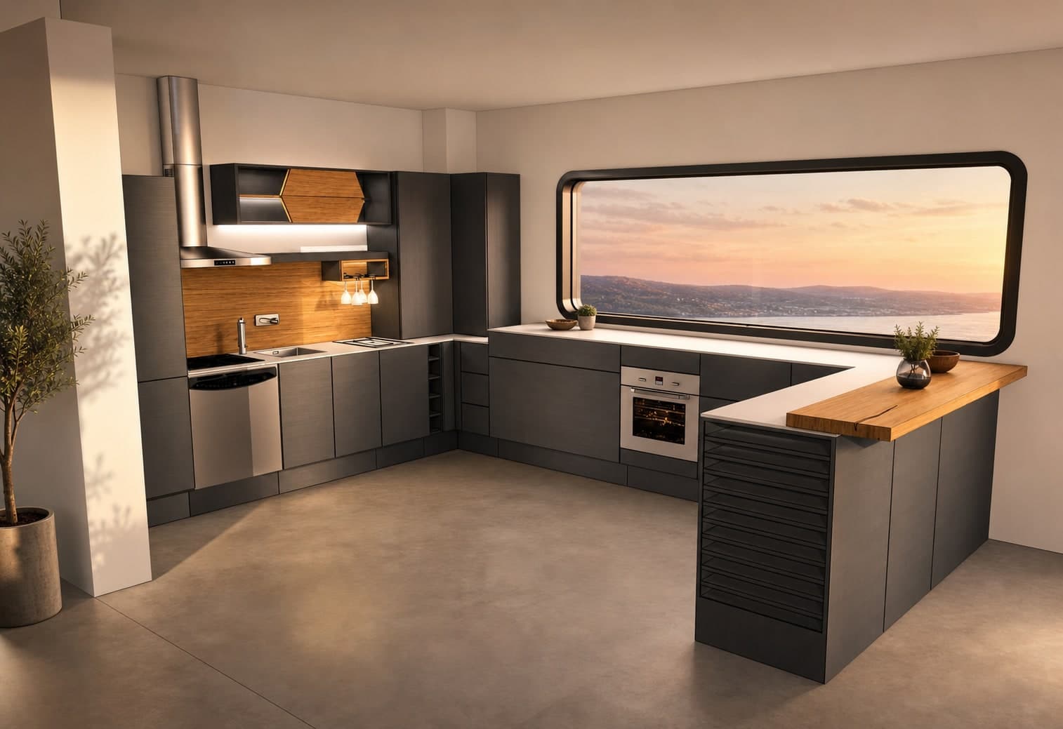 Rendu photoréaliste de la cuisine avec matières et lumière du soir
