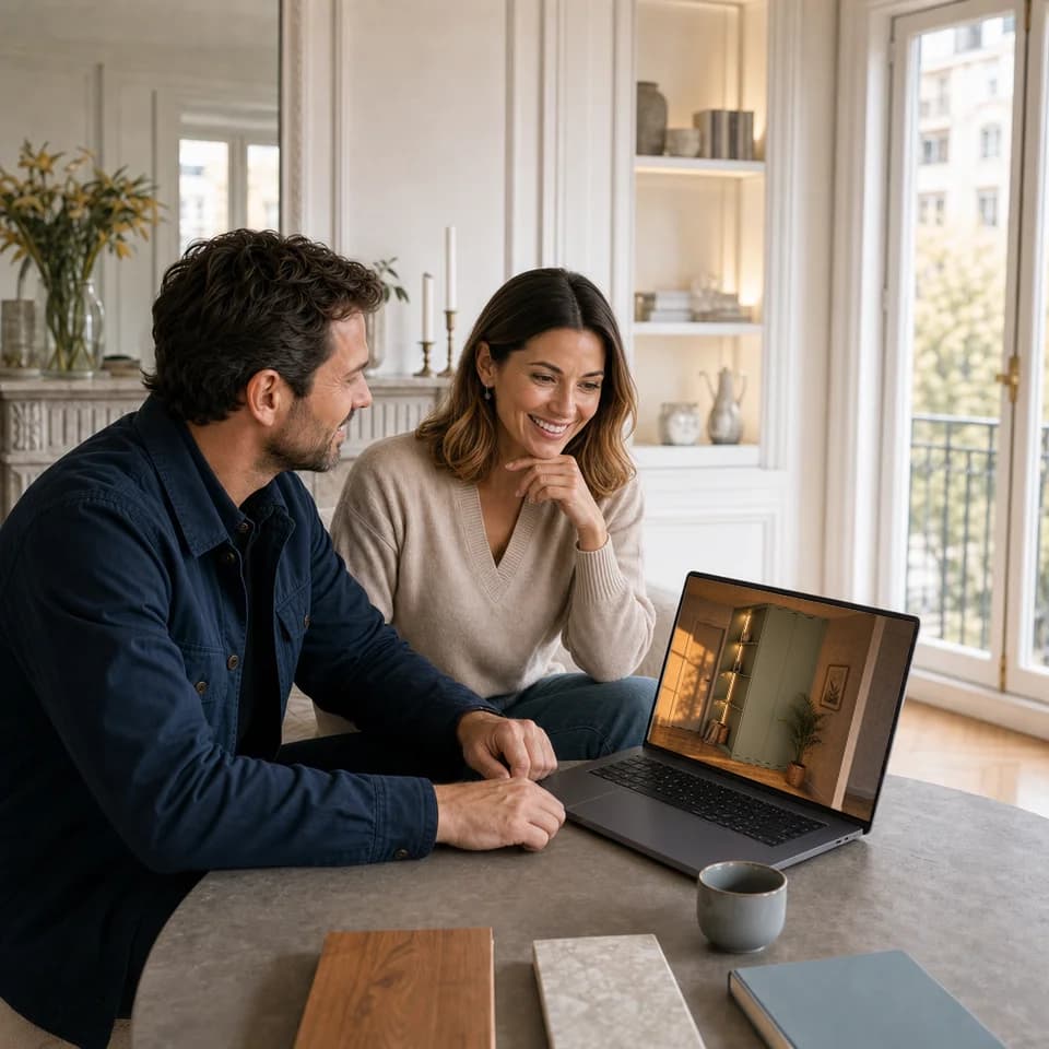 La cliente découvre avec enthousiasme le rendu photoréaliste présenté sur l’ordinateur