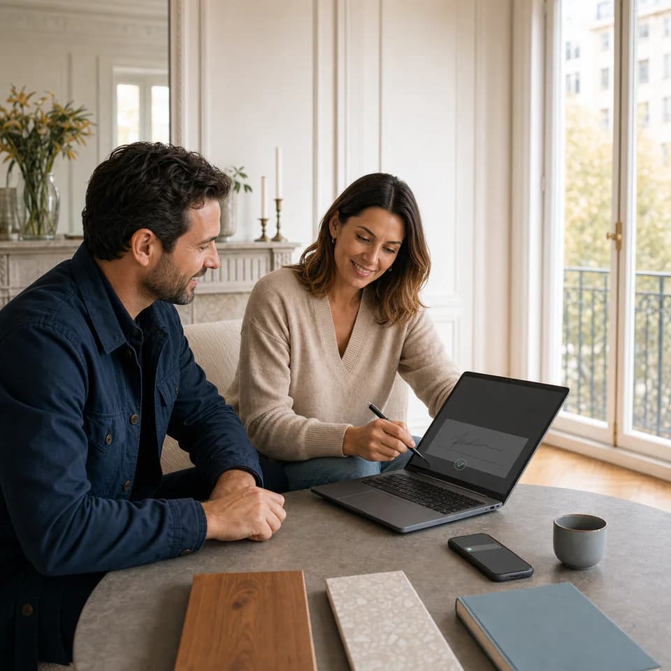 La cliente signe électroniquement la proposition sur l’ordinateur de l’agenceur