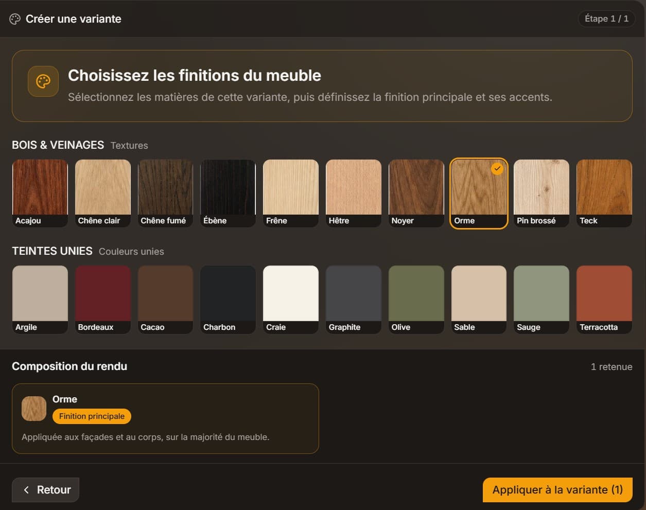 Interface Kontour Studio de sélection des finitions du meuble