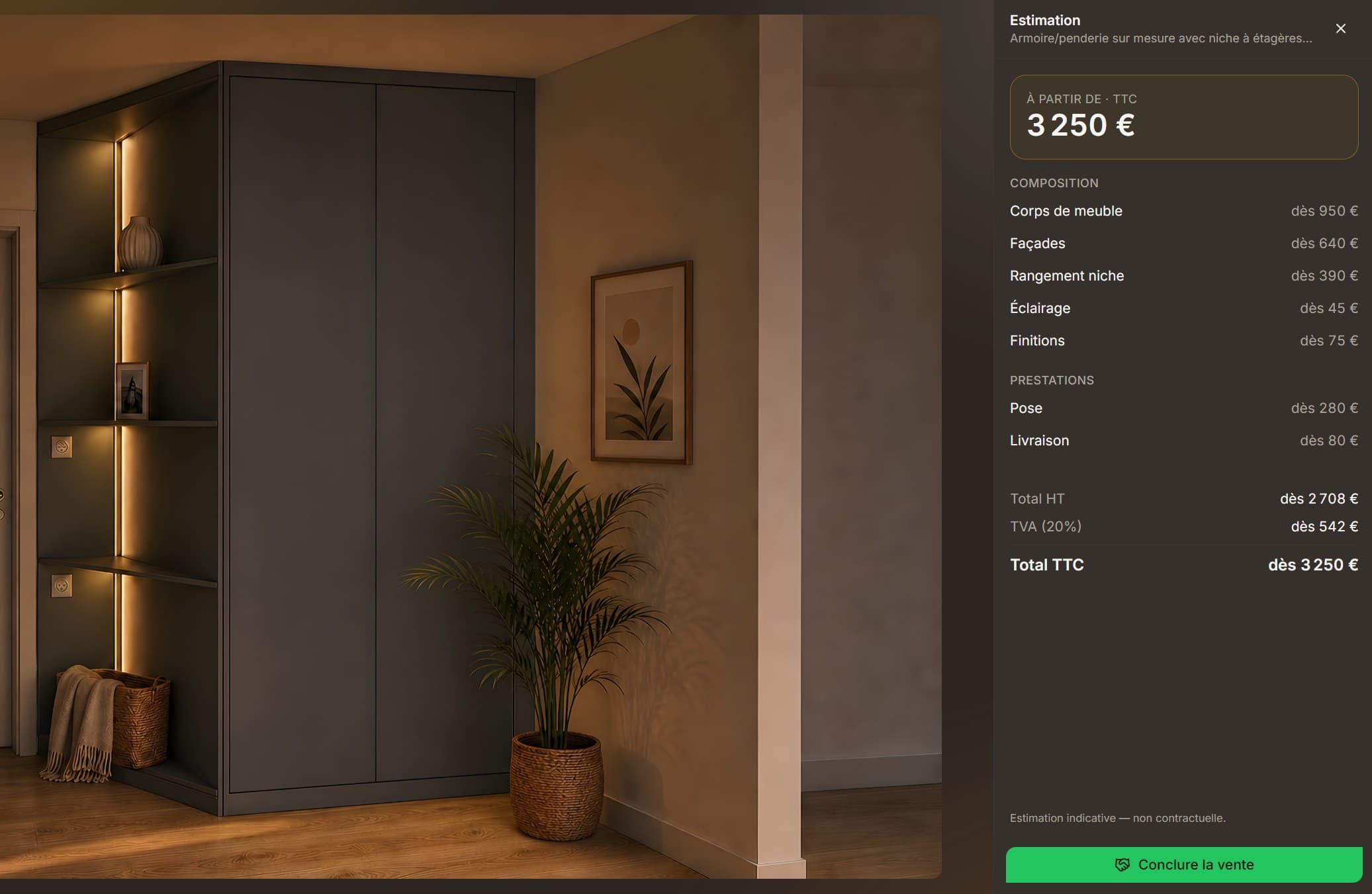 Interface de chiffrage affichant le détail de l’estimation du projet