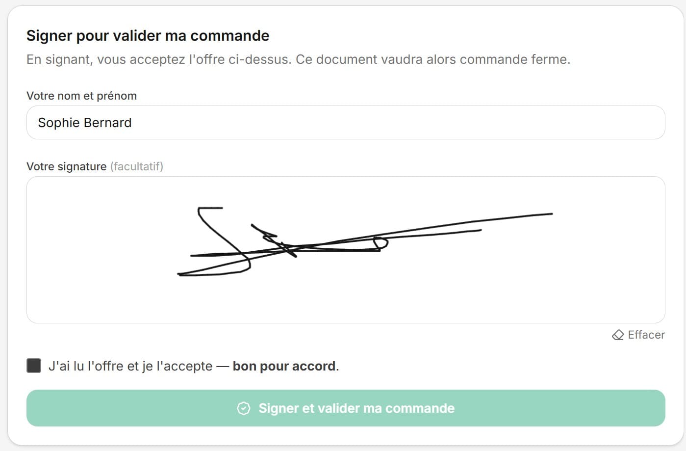 Interface de signature électronique de la commande