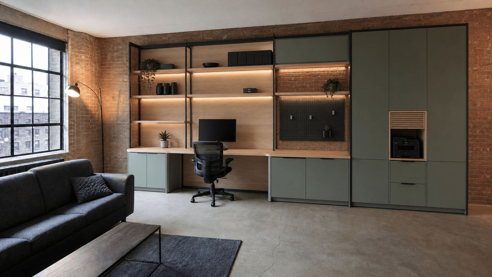 La même pièce avec un bureau et des rangements sur mesure