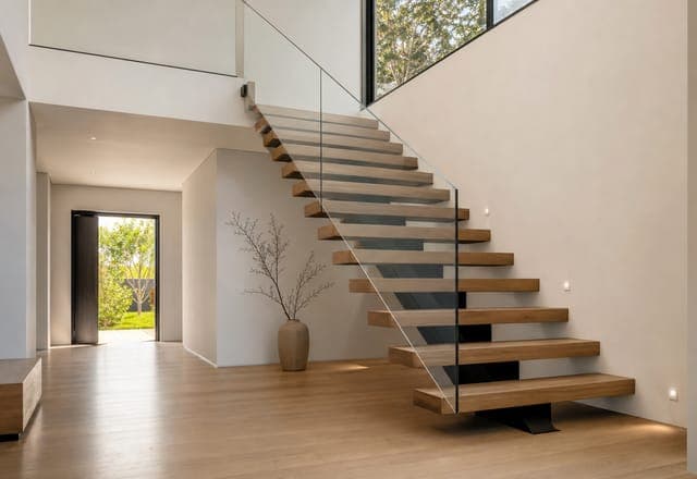 Escalier suspendu en bois et en verre