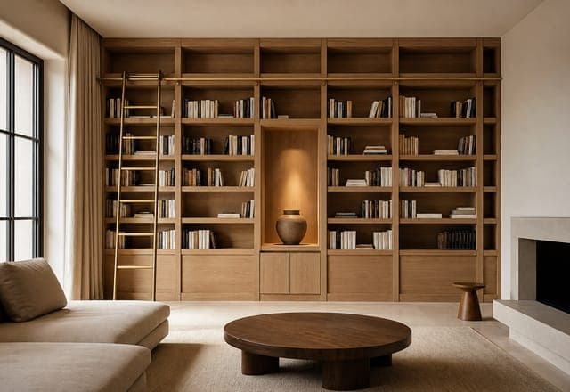 Bibliothèque murale en bois réalisée par un menuisier